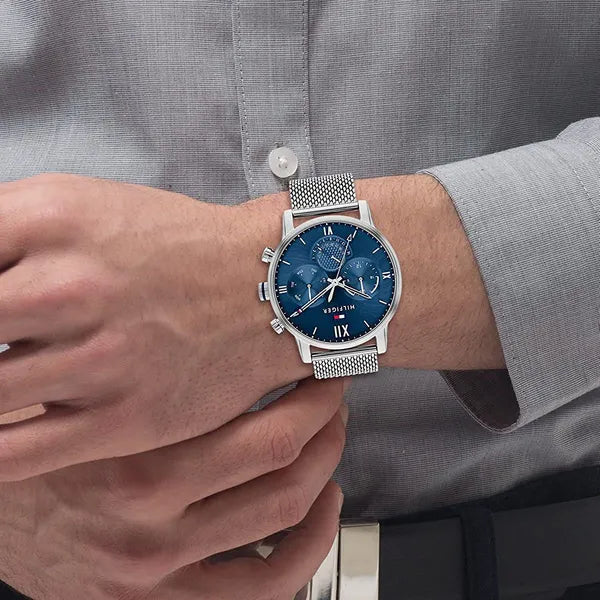 Tommy Hilfiger Sullivan férfi karóra, ezüst hálós szíj, kék számlap, 44 mm
