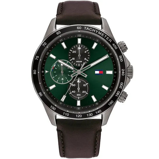 Tommy Hilfiger Miles 44 mm férfi karóra, zöld számlap, bőrszíj, WR50