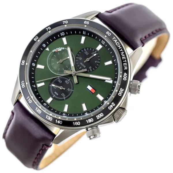 Tommy Hilfiger Miles 44 mm férfi karóra, zöld számlap, bőrszíj, WR50