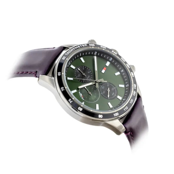 Tommy Hilfiger Miles 44 mm férfi karóra, zöld számlap, bőrszíj, WR50