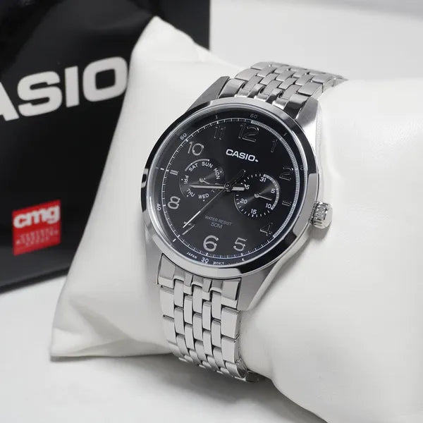 Casio MTP-E340D-1A férfi karóra, rozsdamentes acél, fekete számlap, WR50