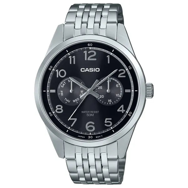 Casio MTP-E340D-1A férfi karóra, rozsdamentes acél, fekete számlap, WR50