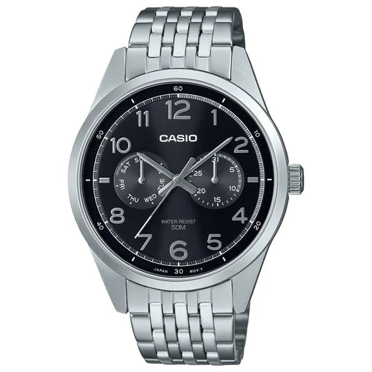 Casio MTP-E340D-1A férfi karóra, rozsdamentes acél, fekete számlap, WR50