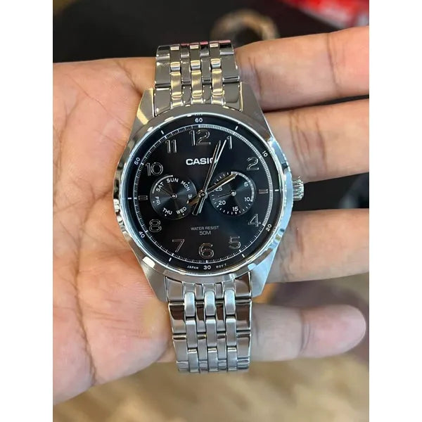 Casio MTP-E340D-1A férfi karóra, rozsdamentes acél, fekete számlap, WR50