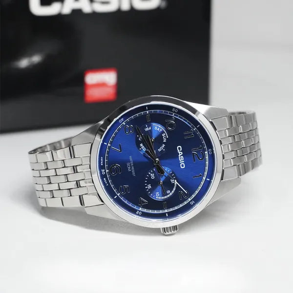 Casio MTP-E340D-2A férfi karóra, rozsdamentes acél, kék számlap, WR50