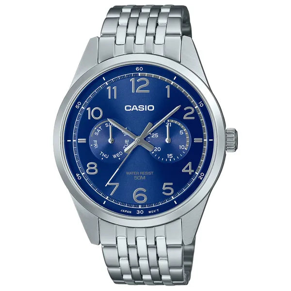 Casio MTP-E340D-2A férfi karóra, rozsdamentes acél, kék számlap, WR50