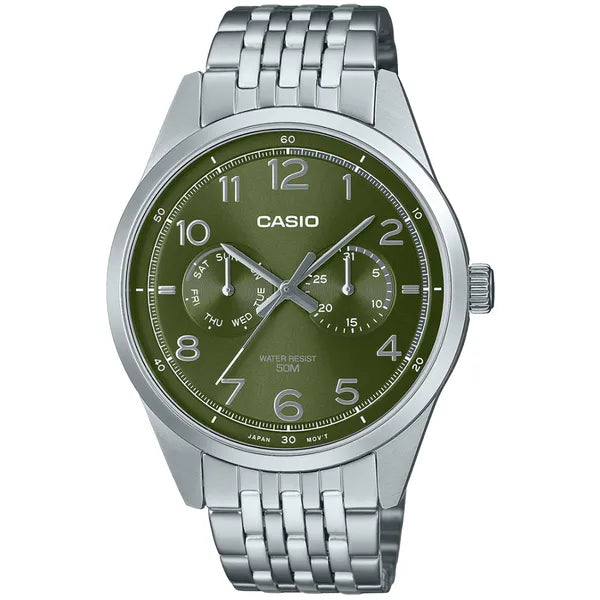 Casio MTP-E340D-3A férfi karóra, rozsdamentes acél, zöld számlap, WR50