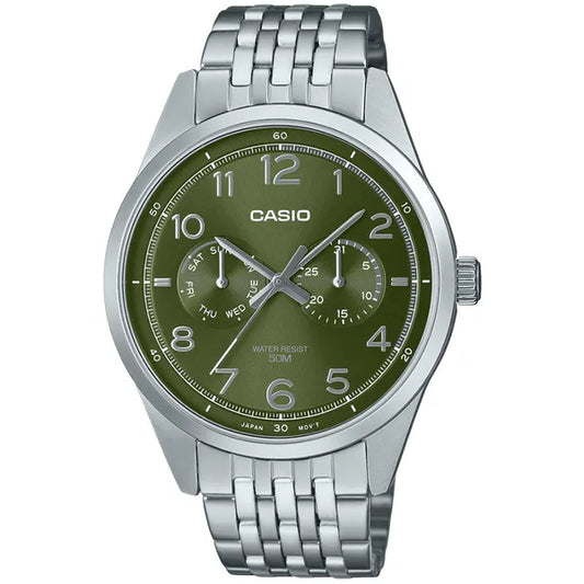 Casio MTP-E340D-3A férfi karóra, rozsdamentes acél, zöld számlap, WR50