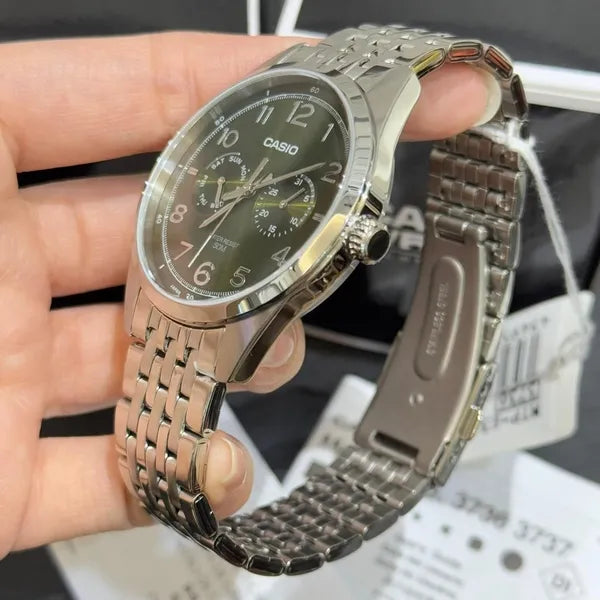 Casio MTP-E340D-3A férfi karóra, rozsdamentes acél, zöld számlap, WR50