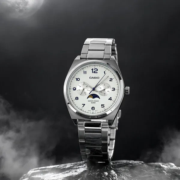 Casio MTP-M300D-7A férfi karóra, acél szíj, fehér számlap, WR50