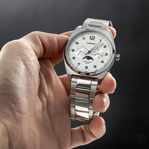 Casio MTP-M300D-7A férfi karóra, acél szíj, fehér számlap, WR50