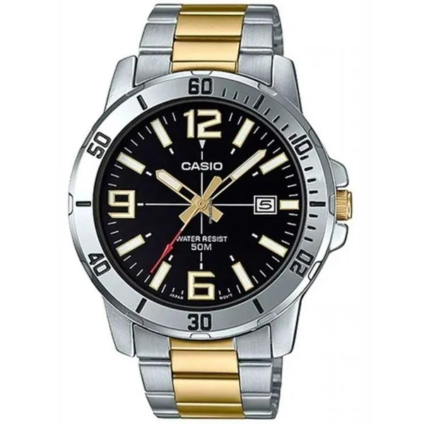 Casio férfi karóra, ezüst-arany acél szíj, fekete számlap, WR50, kvarc