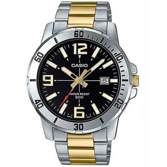 Casio férfi karóra, ezüst-arany acél szíj, fekete számlap, WR50, kvarc