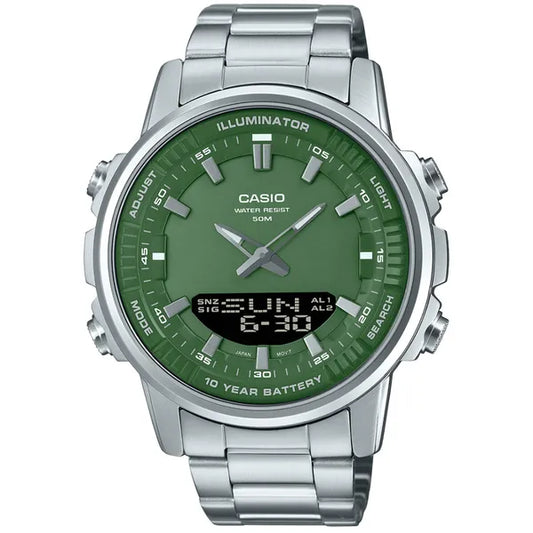 Casio AMW-880D-3A férfi karóra, zöld számlap, acél szíj, WR50, 47 mm