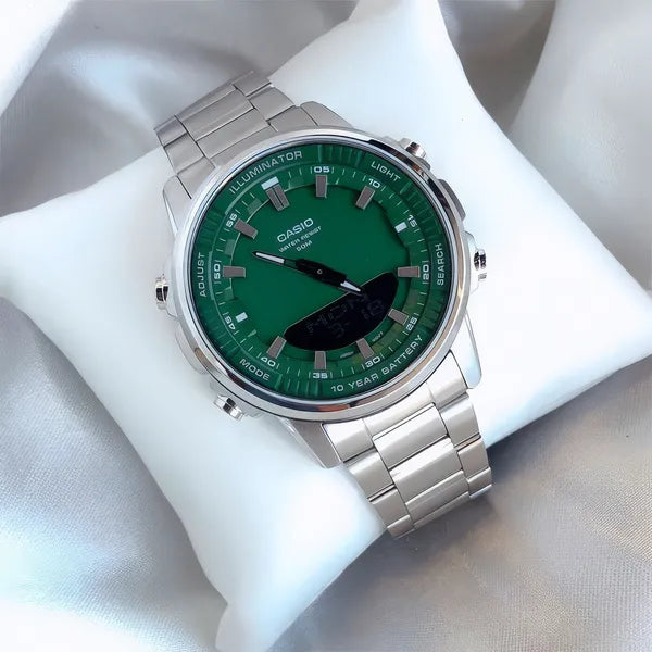 Casio AMW-880D-3A férfi karóra, zöld számlap, acél szíj, WR50, 47 mm