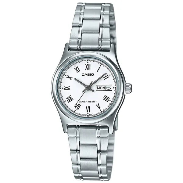 Casio női karóra LTP-V006D-7B, ezüst acél szíj, fehér számlap, dátum