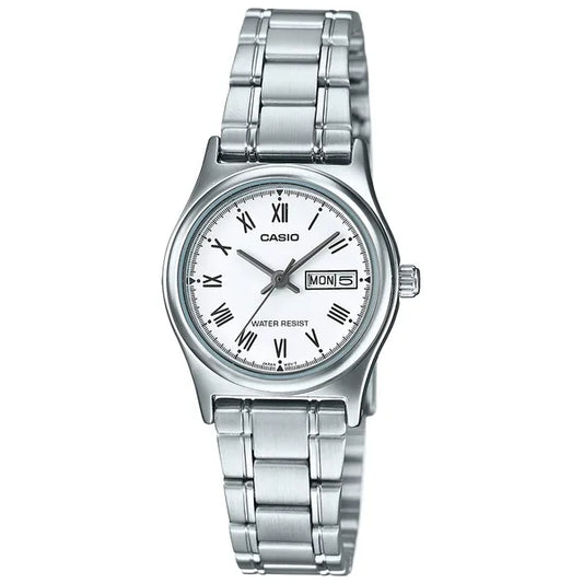 Casio női karóra LTP-V006D-7B, ezüst acél szíj, fehér számlap, dátum