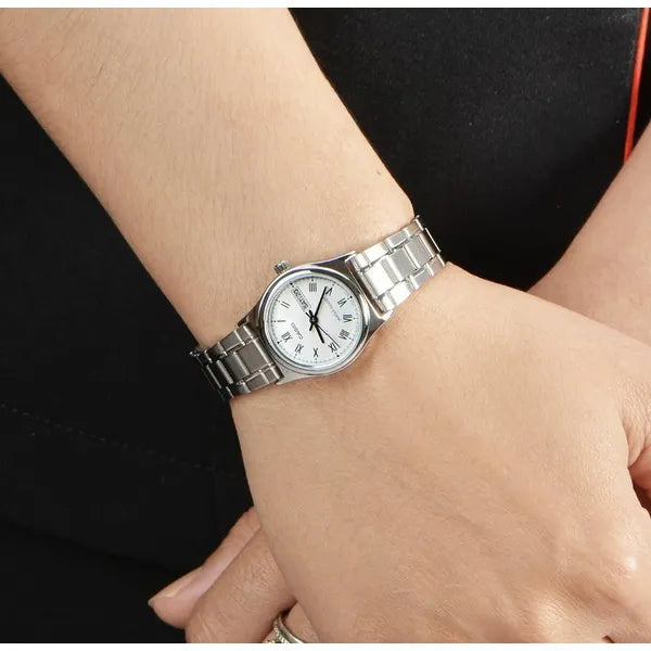 Casio női karóra LTP-V006D-7B, ezüst acél szíj, fehér számlap, dátum