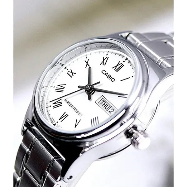 Casio női karóra LTP-V006D-7B, ezüst acél szíj, fehér számlap, dátum
