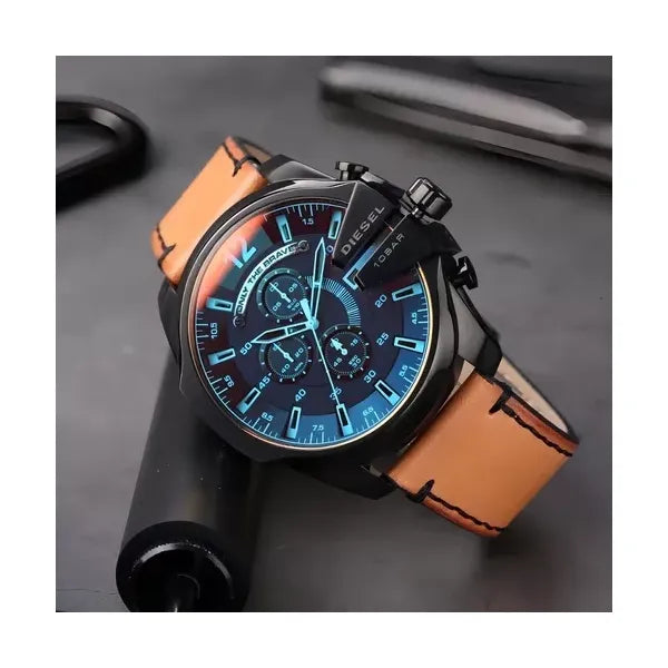 Diesel Mega Chief férfi karóra, 51 mm acél tok, bőrszíj, WR100, kronográf