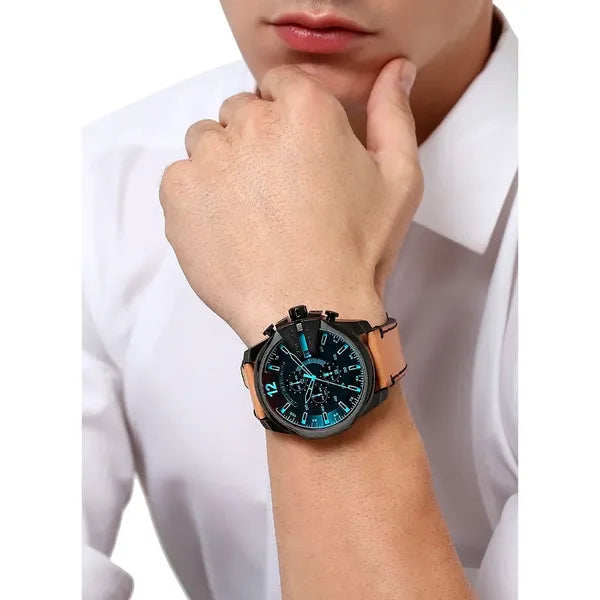 Diesel Mega Chief férfi karóra, 51 mm acél tok, bőrszíj, WR100, kronográf