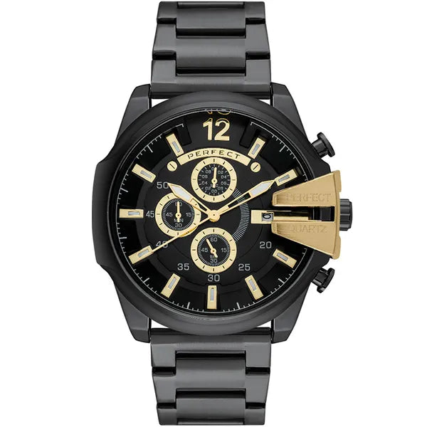Férfi kronográf karóra, fekete-arany, kvarc, acél szíj, 53 mm