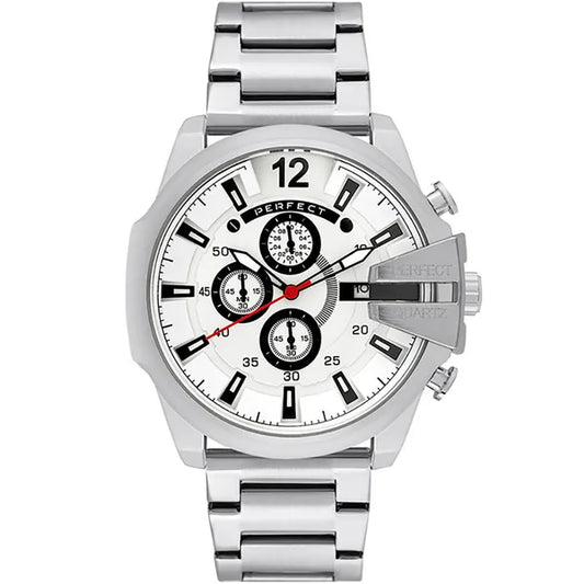Perfect M513CH-01 férfi kronográf karóra, ezüst fém szíj, fehér számlap