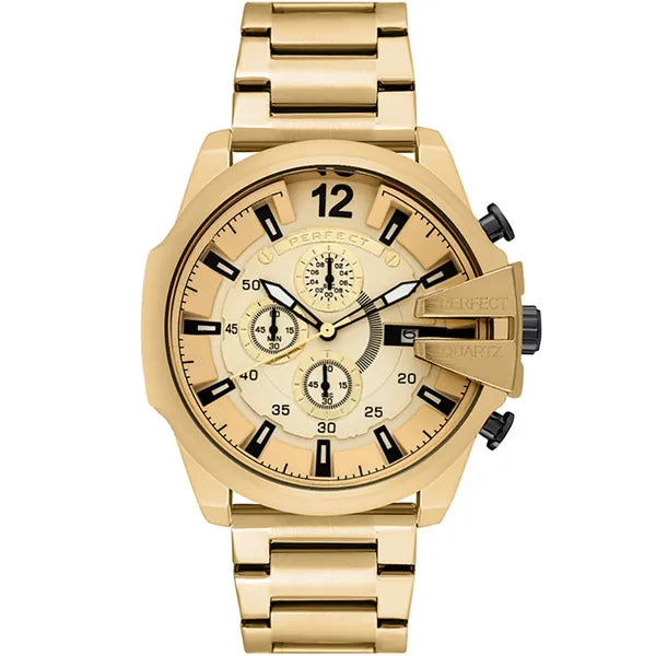Férfi kronográf quartz karóra arany színben, 53 mm fémszíjjal