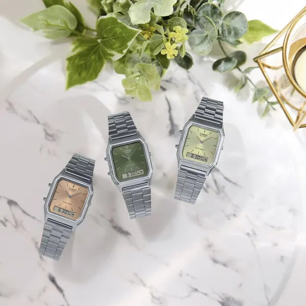 Casio Vintage AQ-230A-3AMQYDF uniszex karóra, zöld számlap, acél szíj