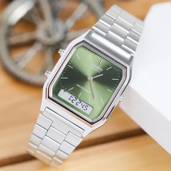 Casio Vintage AQ-230A-3AMQYDF uniszex karóra, zöld számlap, acél szíj