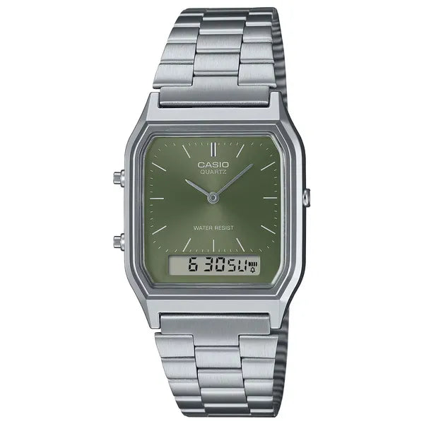 Casio Vintage AQ-230A-3AMQYDF uniszex karóra, zöld számlap, acél szíj