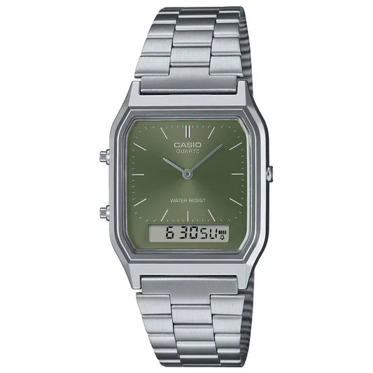 Casio Vintage AQ-230A-3AMQYDF uniszex karóra, zöld számlap, acél szíj