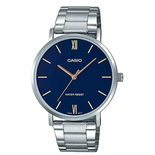 Casio férfi karóra MTP-VT01D-2B, ezüst acél szíj, 40 mm, kék számlap