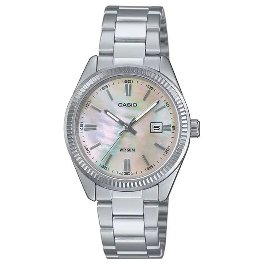 Casio LTP-1302DS-4AVDF női karóra acél szíjjal, gyöngyház rózsaszín, WR30