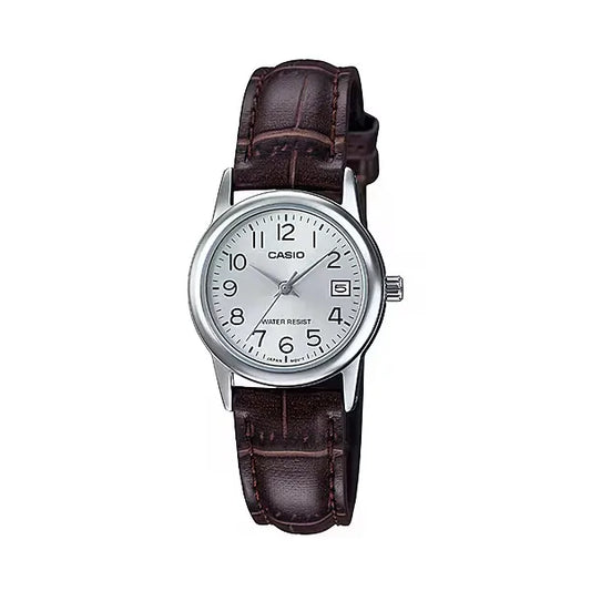 Casio LTP-V002L-7B2UDF női kvarc karóra bőrszíjjal, ezüst tok, WR30, dátum