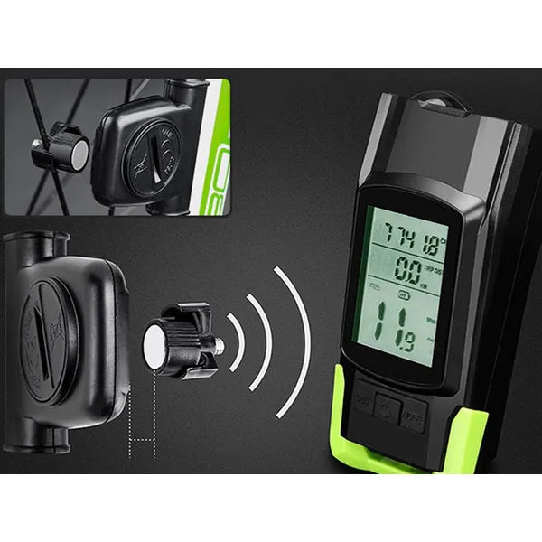 USB-tölthető 3 az 1-ben kerékpár LED lámpa, vezeték nélküli kilométeróra és kürt