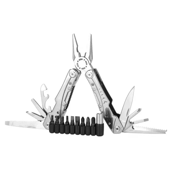 Rozsdamentes acél 22-az-1-ben ezüst multitool, 10 bittel, nylon tok