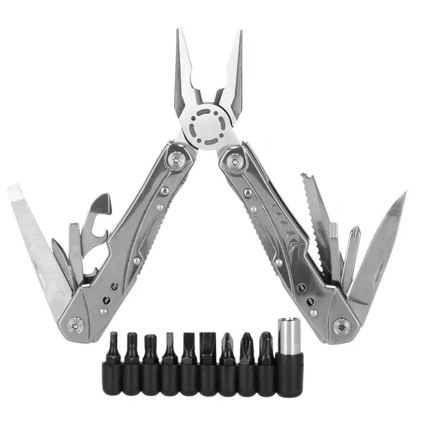Rozsdamentes acél 22-az-1-ben ezüst multitool, 10 bittel, nylon tok