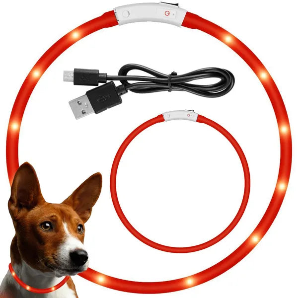 LED világító nyakörv kutyáknak és macskáknak, vízálló, USB, 41-47 cm, piros