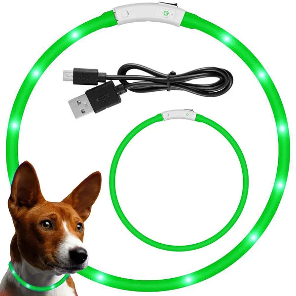 Led világító nyakörv kutyáknak/macskáknak, zöld, USB, vízálló, 41-47 cm
