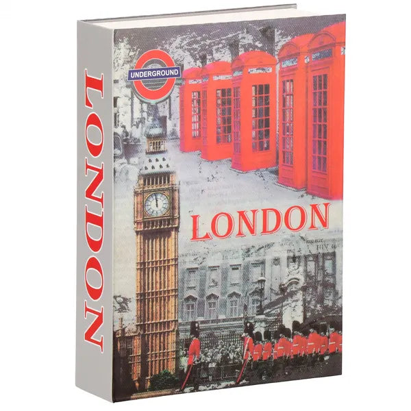 Fém kulcsos könyvszéf, London mintás borító, 22×15,5×4,5 cm