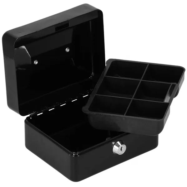 Fekete kulcsos fémpénzkazetta 15×12×8 cm, 6 rekesz, kivehető tálca