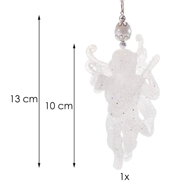 Fehér csillámos, törhetetlen műanyag angyalka dísz 13 cm