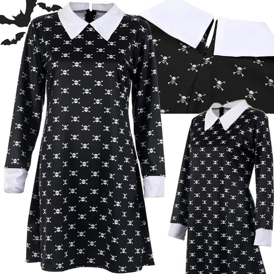 Wednesday Addams gyerek jelmez ruha, fekete-fehér gallérral, 115-125 cm
