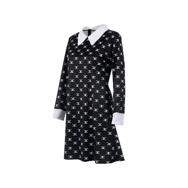 Wednesday Addams gyerek jelmez ruha, fekete-fehér gallérral, 115-125 cm