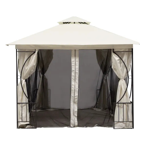 Kerti pavilon 3×3 m bézs, oldalfalakkal és szúnyoghálóval, acél váz