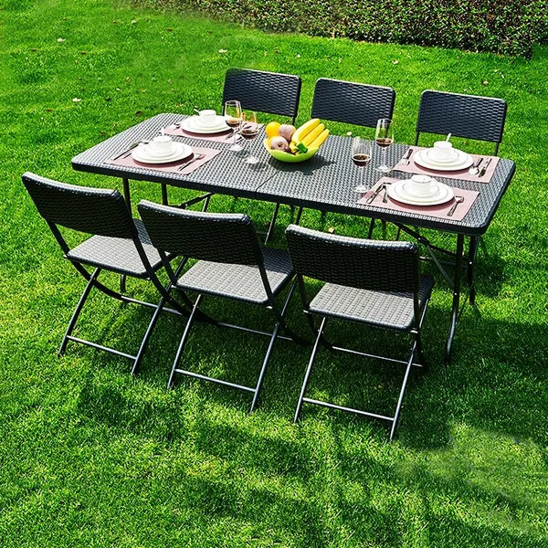 Összecsukható rattan mintás catering kerti bankett asztal, 180×74 cm HDPE