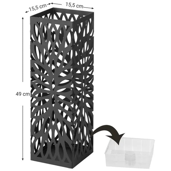 Modern fekete acél esernyőtartó 15,5×15,5×49 cm, csepegtetőtálcával