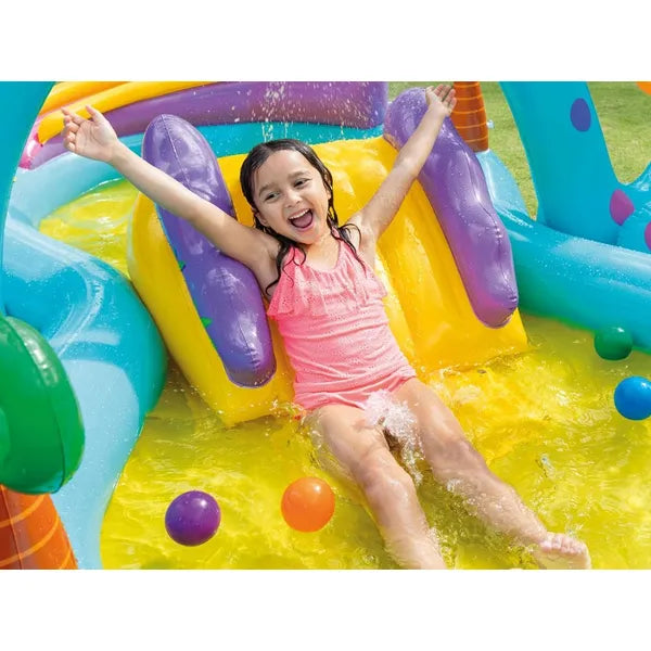 Intex Dinoland felfújható gyerek játszótér csúszdával, szökőkúttal 333×229 cm