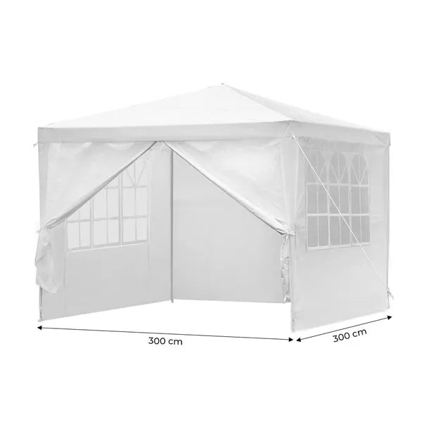 Kerti pavilon sátor 3×3 m, 4 oldalfallal, fehér vízálló PE, fém váz